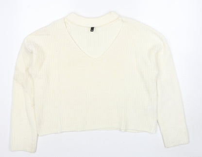 Divided by H&M Womens Ivory V-Neck Acrylic Pullover Jumper Size M