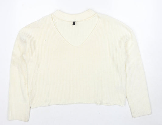 Divided by H&M Womens Ivory V-Neck Acrylic Pullover Jumper Size M