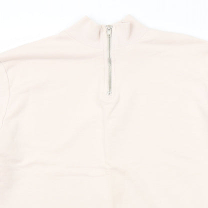 Close-up detail of ASOS women’s pink cotton pullover sweatshirt, size S, zip