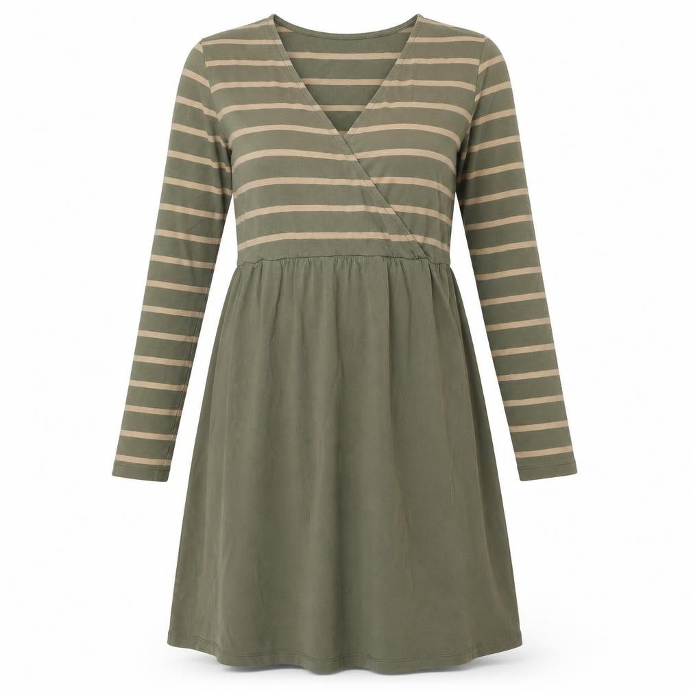 Mama-licious Womens Green Striped Cotton A-Line Size M V-Neck Pullover