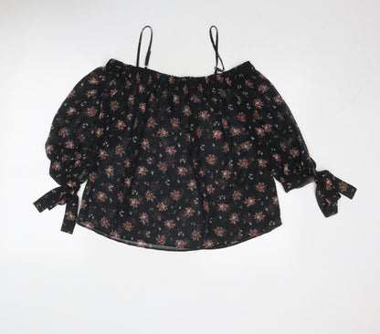 Marks & Spencer Womens Black Geometric Polyester Basic Blouse Size 10 Square Neck - Cold Shoulder