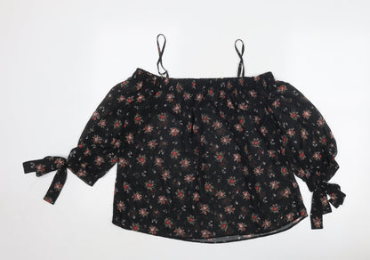Marks & Spencer Womens Black Geometric Polyester Basic Blouse Size 10 Square Neck - Cold Shoulder