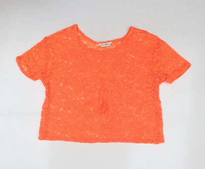Additional front view of Miss Selfridge women’s orange geometric polyester basic blouse, size UK 14, round neck
