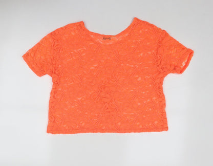 Back view of Miss Selfridge women’s orange geometric polyester basic blouse, size UK 14, round neck