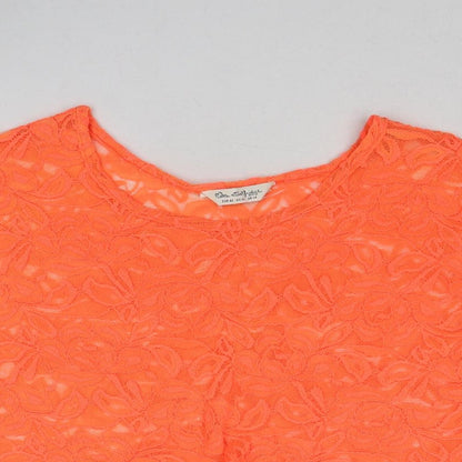 Close-up detail of Miss Selfridge women’s orange geometric polyester basic blouse, size UK 14, round neck
