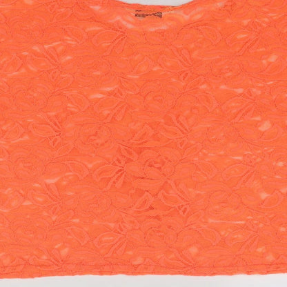 Brand and care label for Miss Selfridge women’s orange geometric polyester basic blouse, size UK 14, round neck