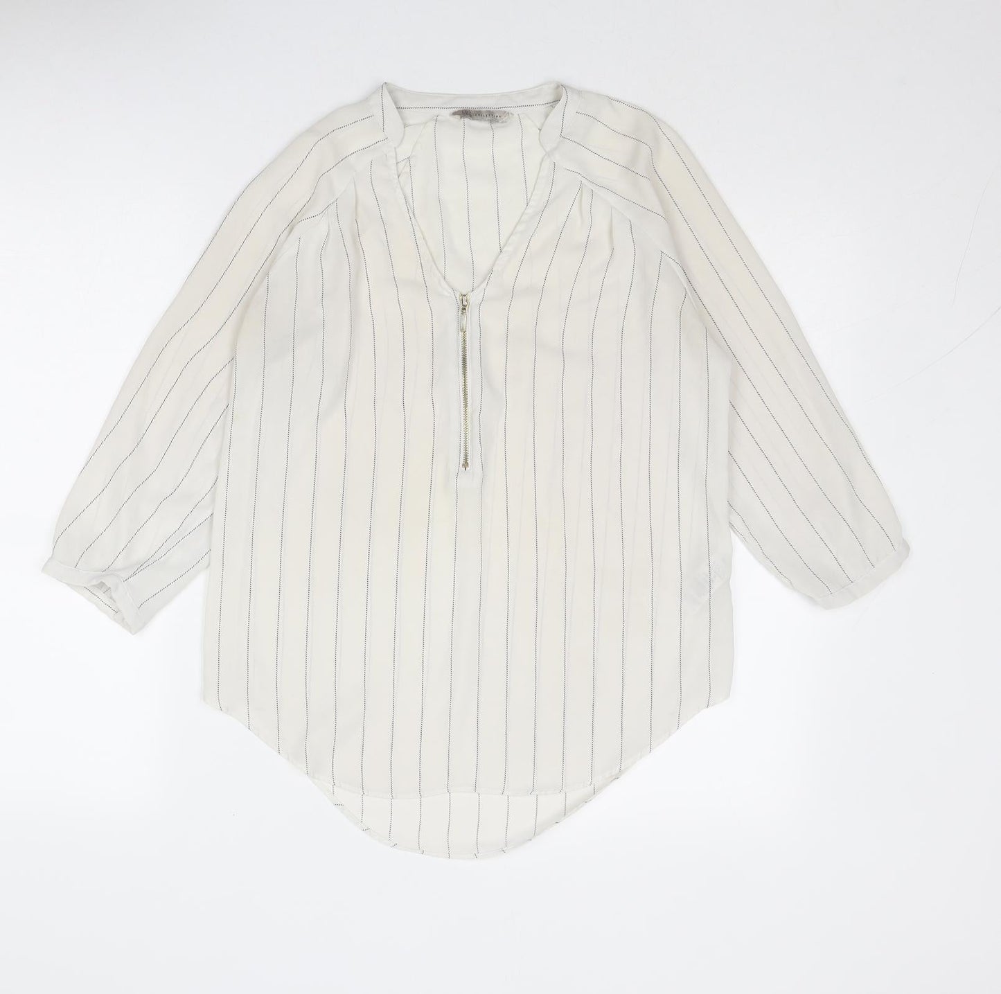 Marks and Spencer Womens White Striped Polyester Basic Blouse Size 8 V-Neck