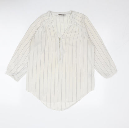 Marks & Spencer Womens White Striped Polyester Basic Blouse Size 8 V-Neck