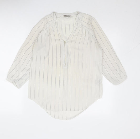 Marks and Spencer Womens White Striped Polyester Basic Blouse Size 8 V-Neck