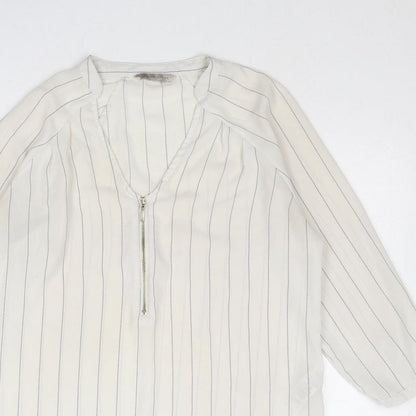 Marks & Spencer Womens White Striped Polyester Basic Blouse Size 8 V-Neck