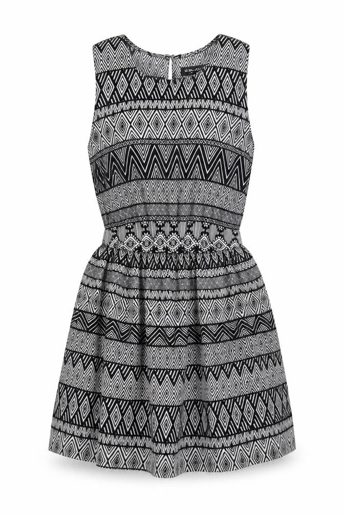 Select Womens Black Geometric Polyester Skater Dress Size 8 Round Neck Button