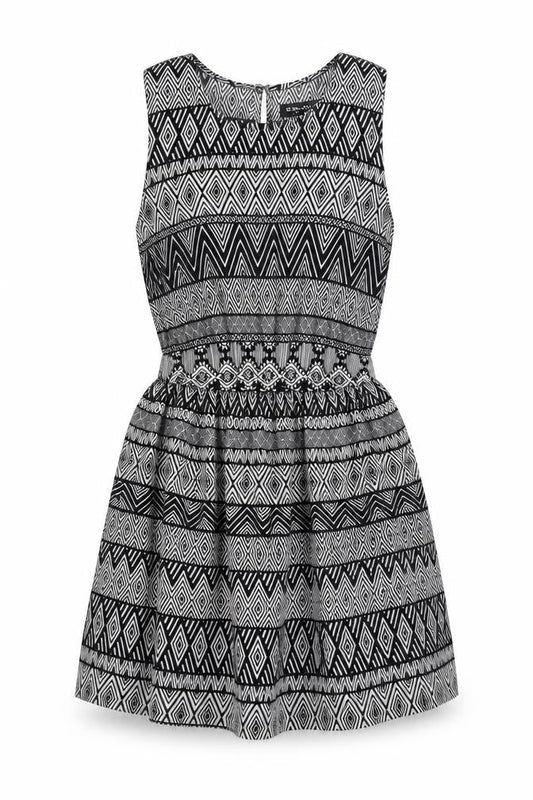 Select Womens Black Geometric Polyester Skater Dress Size 8 Round Neck Button