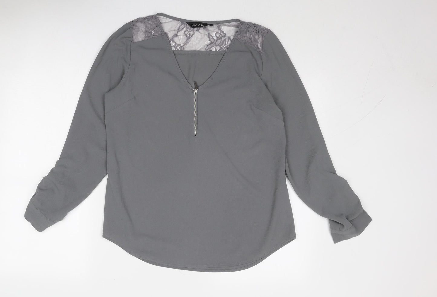 New Look Womens Grey Polyester Basic Blouse Size 12 V-Neck - Lace Detail