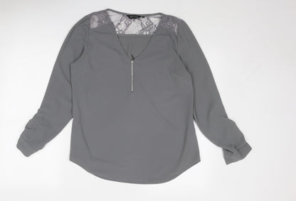 New Look Womens Grey Polyester Basic Blouse Size 12 V-Neck - Lace Detail