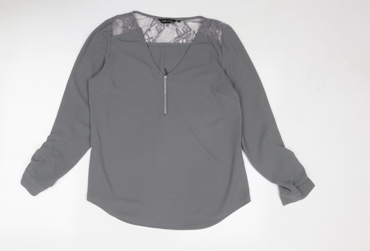 New Look Womens Grey Polyester Basic Blouse Size 12 V-Neck - Lace Detail