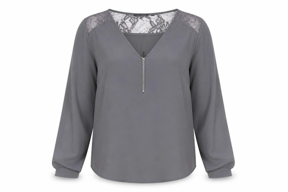New Look Womens Grey Polyester Basic Blouse Size 12 V-Neck - Lace Detail