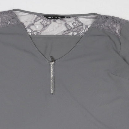 New Look Womens Grey Polyester Basic Blouse Size 12 V-Neck - Lace Detail