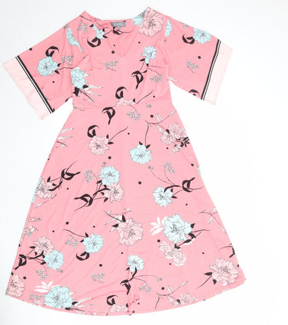 Additional front view of Principles women’s pink floral polyester a-line, size UK 10, v-neck pullover