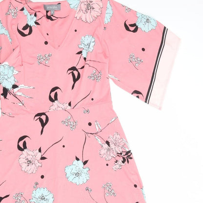Close-up detail of Principles women’s pink floral polyester a-line, size UK 10, v-neck pullover