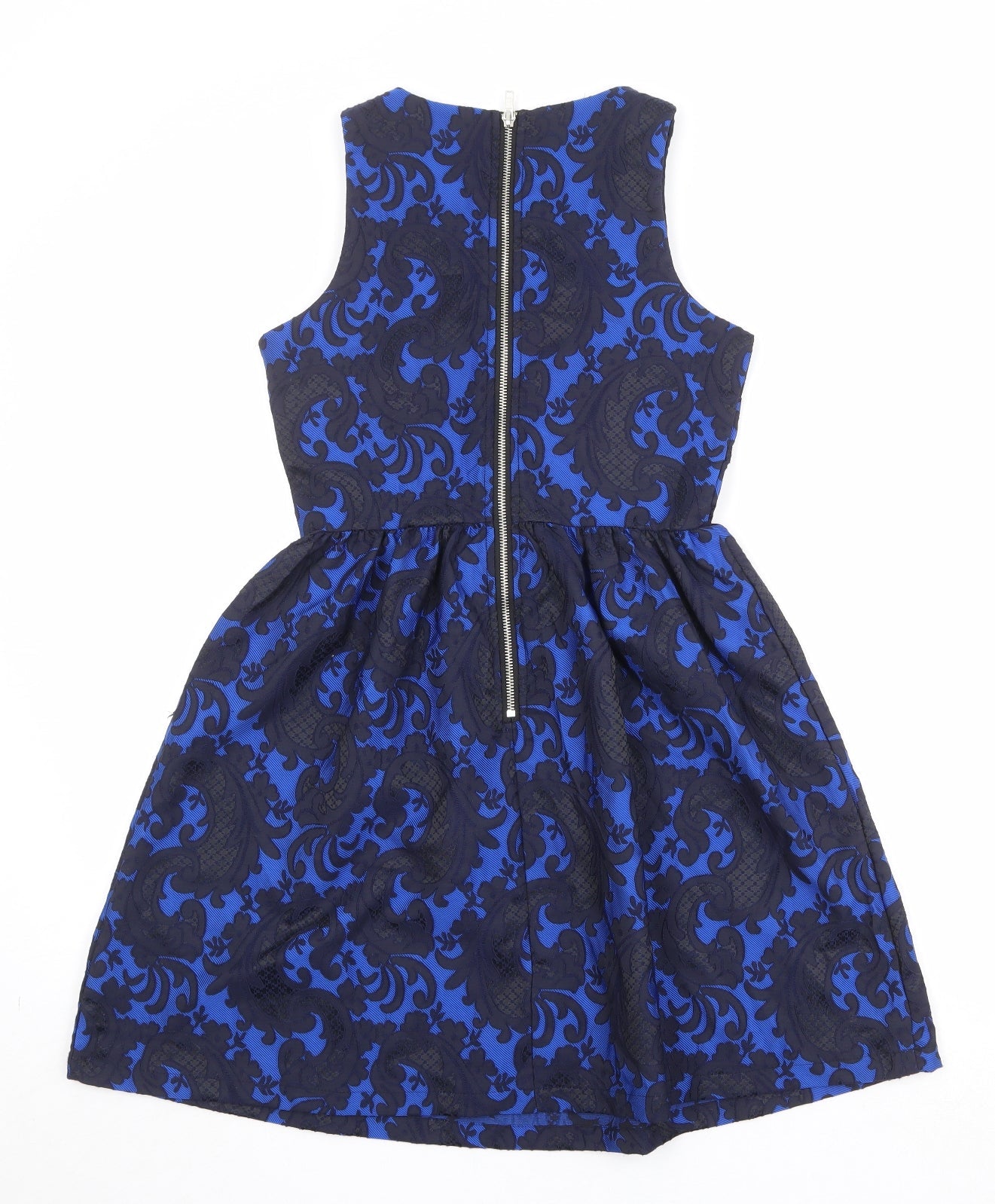 Glamorous Womens Blue Geometric Polyester Fit & Flare Size XS Round Neck Zip