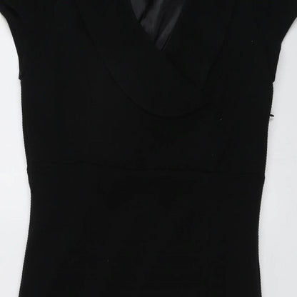 Close-up detail of Alex&Co women’s black acrylic a-line, size UK 12, v-neck zip