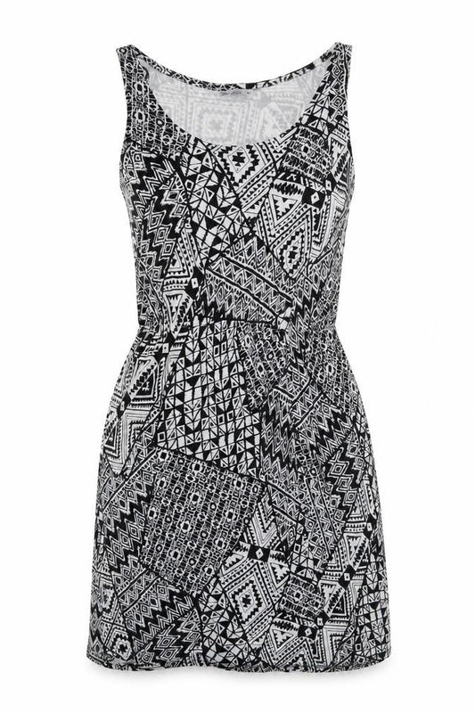 Miss Molly Womens Black Geometric Viscose Skater Dress Size M Round Neck Pullover