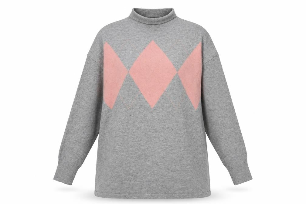 Dorothy Perkins Womens Grey Mock Neck Argyle/Diamond Viscose Pullover Jumper Size 14