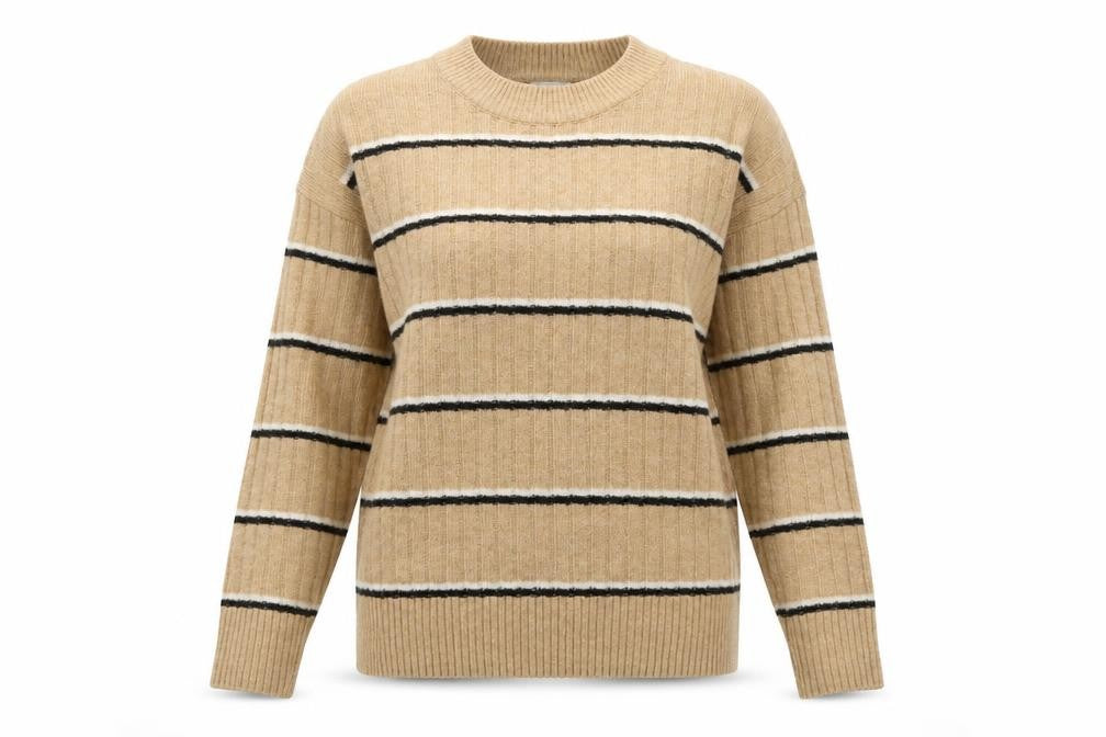 Warehouse Womens Beige Round Neck Striped Acrylic Pullover Jumper Size 6