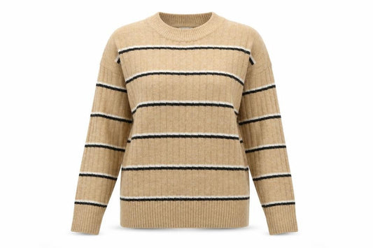 Warehouse Womens Beige Round Neck Striped Acrylic Pullover Jumper Size 6