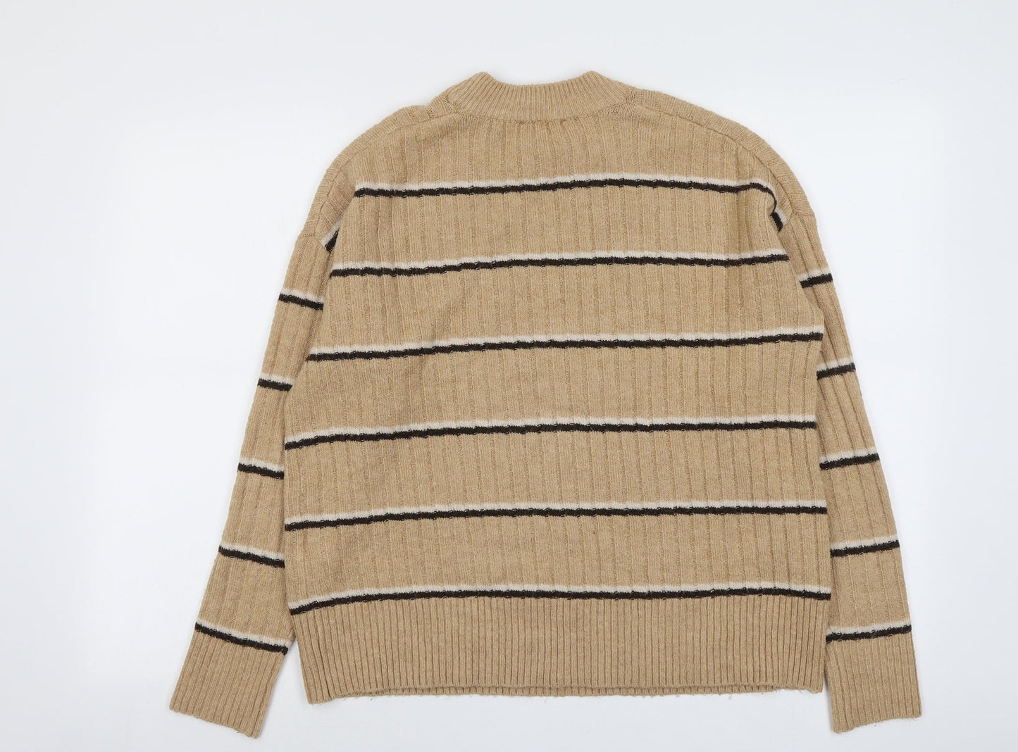 Warehouse Womens Beige Round Neck Striped Acrylic Pullover Jumper Size 6