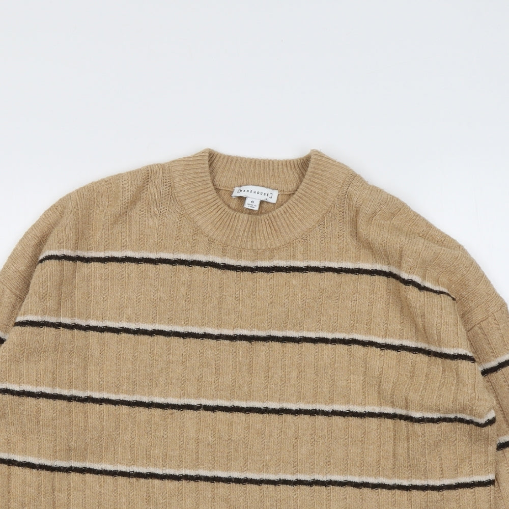 Warehouse Womens Beige Round Neck Striped Acrylic Pullover Jumper Size 6