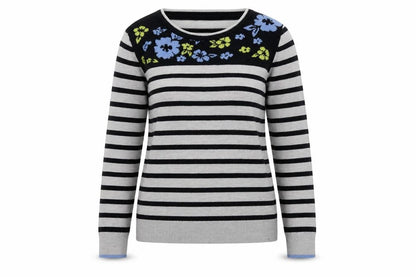 EWM Womens Grey Round Neck Striped Acrylic Pullover Jumper Size 10