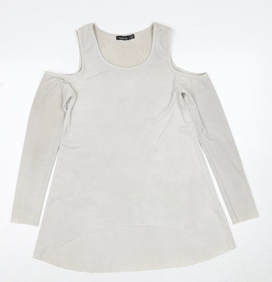 Boohoo Womens Grey Polyester Basic Blouse Size 8 Round Neck - Cold Shoulder