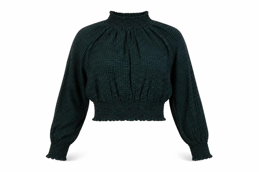 Monki Womens Green Geometric Cotton Basic Blouse Size S Mock Neck