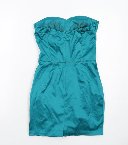 Back view of Miss Selfridge women’s blue polyester mini, size UK 8, sweetheart zip