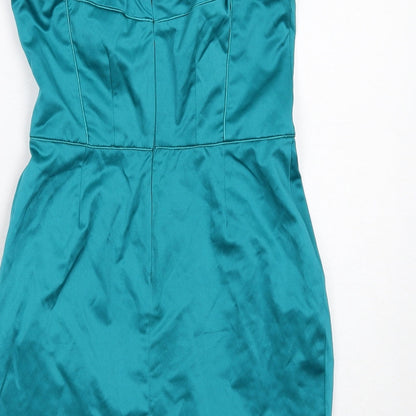 Brand and care label for Miss Selfridge women’s blue polyester mini, size UK 8, sweetheart zip