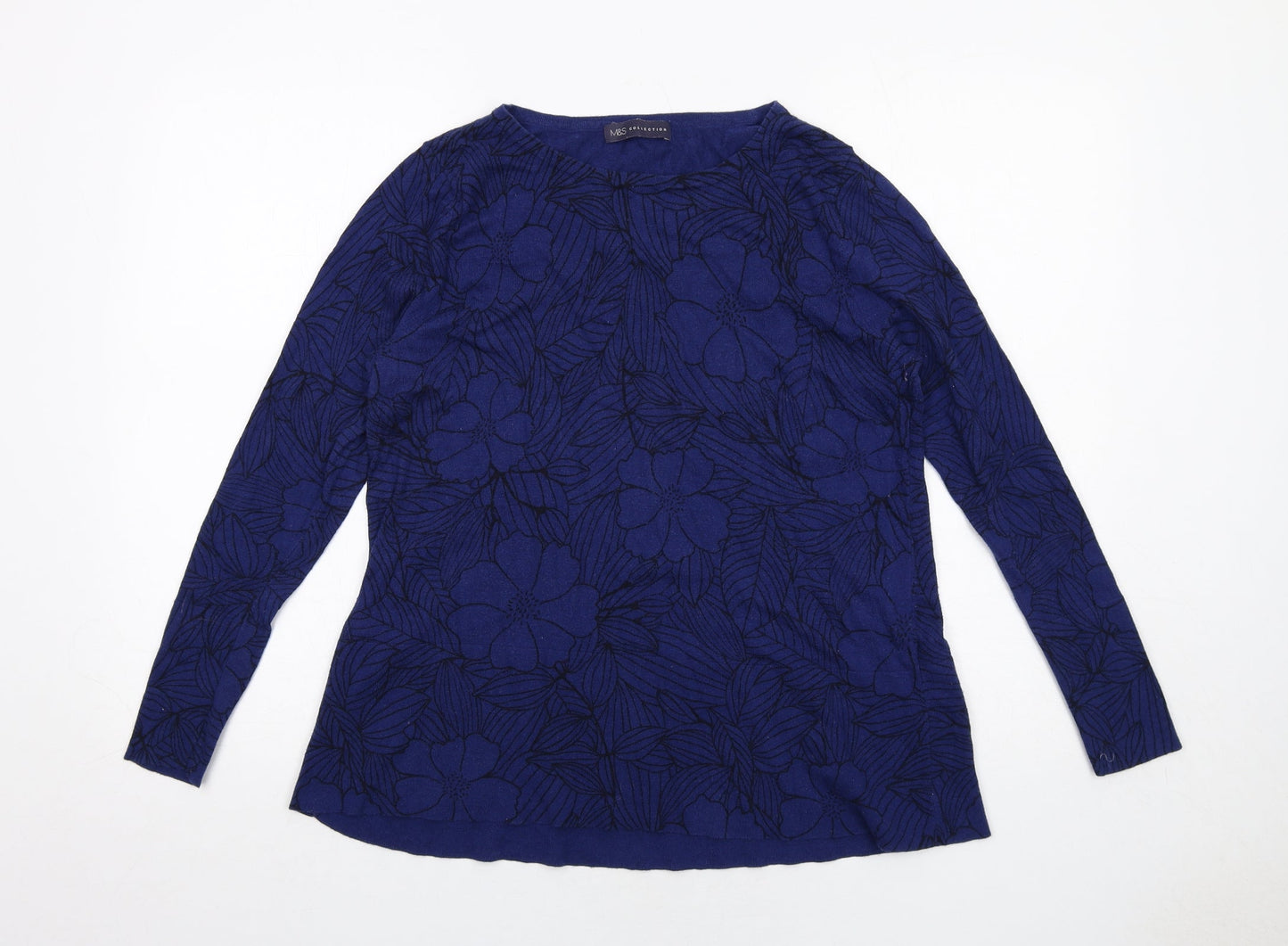 Marks and Spencer Womens Blue Boat Neck Floral Cotton Pullover Jumper Size 14