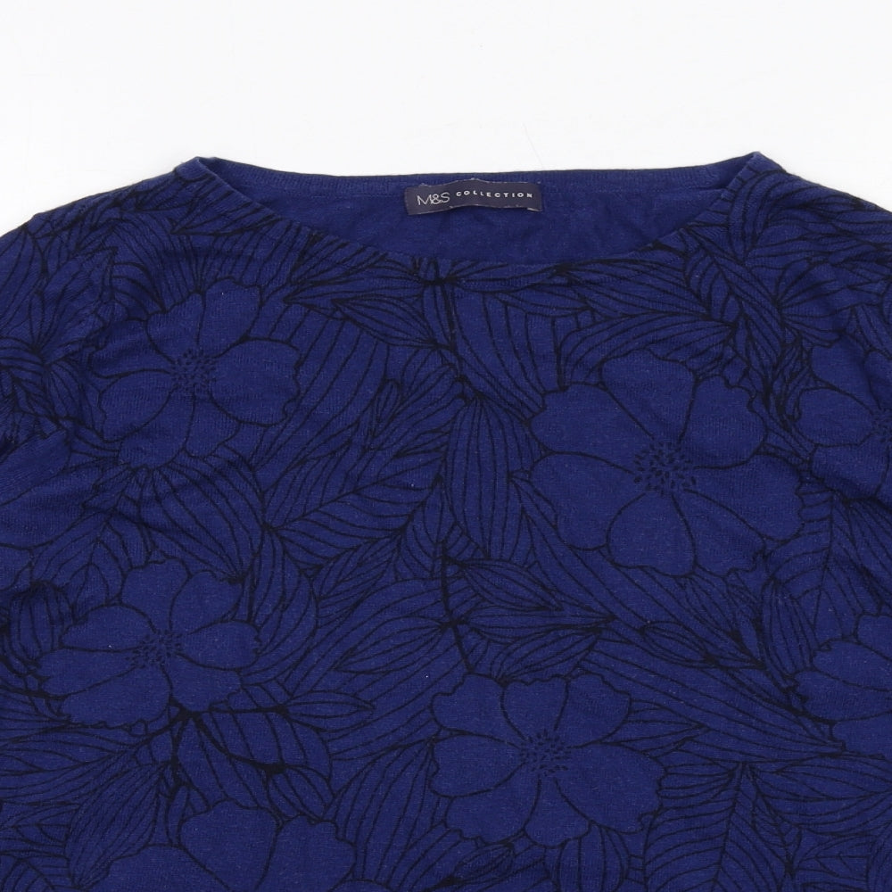 Marks and Spencer Womens Blue Boat Neck Floral Cotton Pullover Jumper Size 14