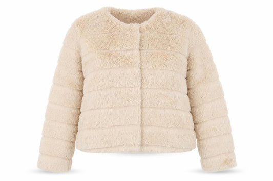 Front view of Little Miss girls’ beige jacket, size XS, snap - faux fur