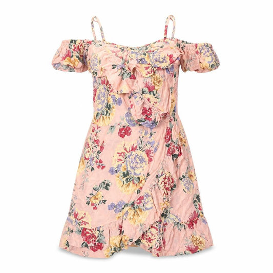 H&M Womens Pink Floral Polyester Skater Dress Size 8 Off the Shoulder Pullover - Frill Straps