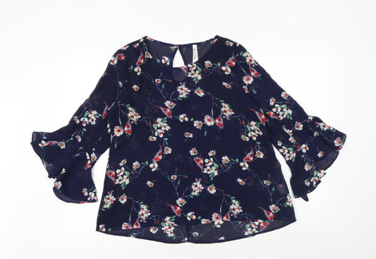 Stella Womens Beige Floral Polyester Basic Blouse Size 8 Round Neck