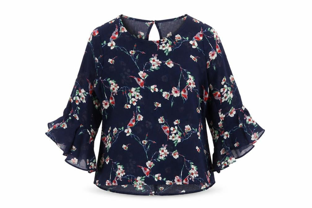 Stella Womens Beige Floral Polyester Basic Blouse Size 8 Round Neck