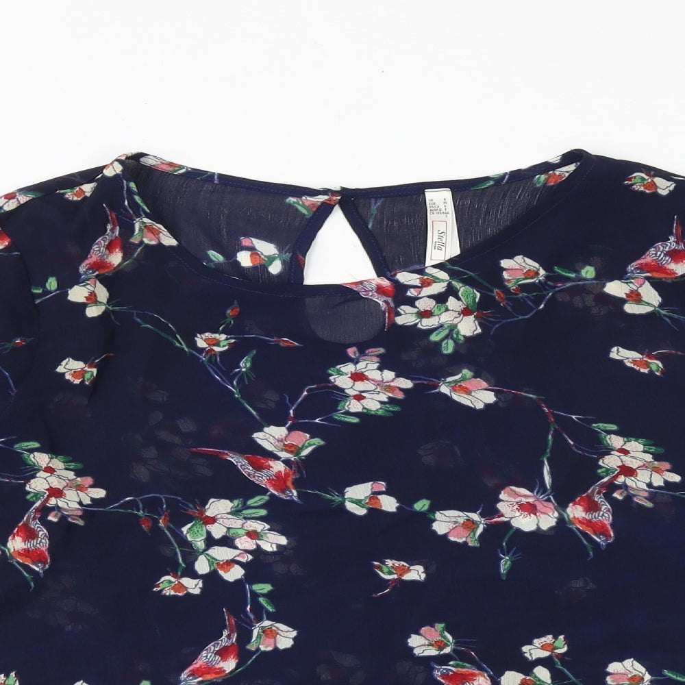 Stella Womens Beige Floral Polyester Basic Blouse Size 8 Round Neck
