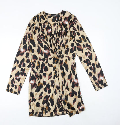 PRETTYLITTLETHING Womens Brown Animal Print Polyester A-Line Size 8 V-Neck Zip - Leopard Pattern