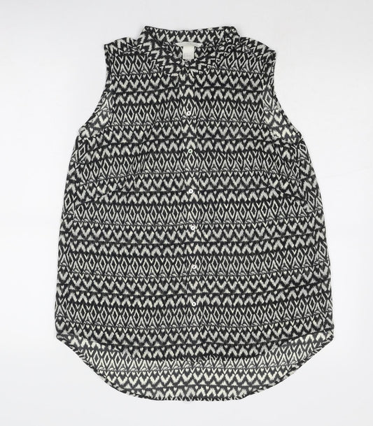 H&M Womens Black Geometric Polyester Basic Button-Up Size 8 Collared