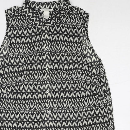 H&M Womens Black Geometric Polyester Basic Button-Up Size 8 Collared