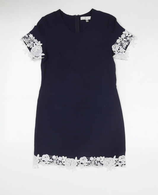 Rare London Womens Blue Polyester Shift Size 6 Round Neck Zip - Crocheted Lace Detail