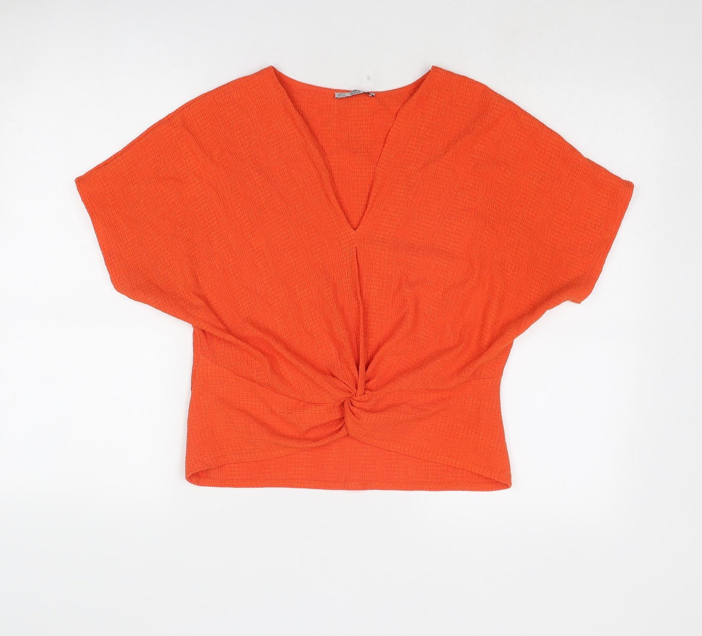 Zara Womens Orange Polyester Basic Blouse Size S V-Neck - Knot Front