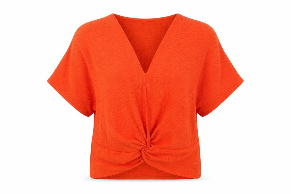 Zara Womens Orange Polyester Basic Blouse Size S V-Neck - Knot Front