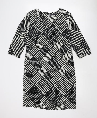 Marks & Spencer Womens Black Geometric Polyester A-Line Size 10 V-Neck Button